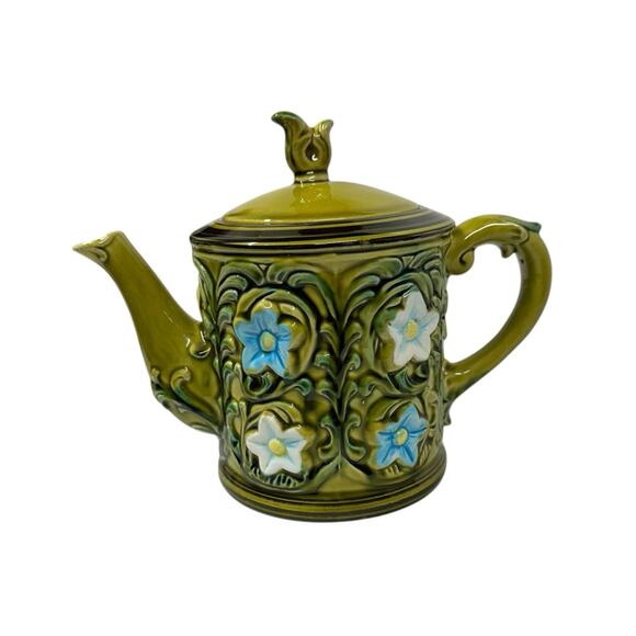 VTG Lefton Teapot Geo Z Floral Green Hand Painted Blue White Flower‎ Garden Read - Picture 2 of 14